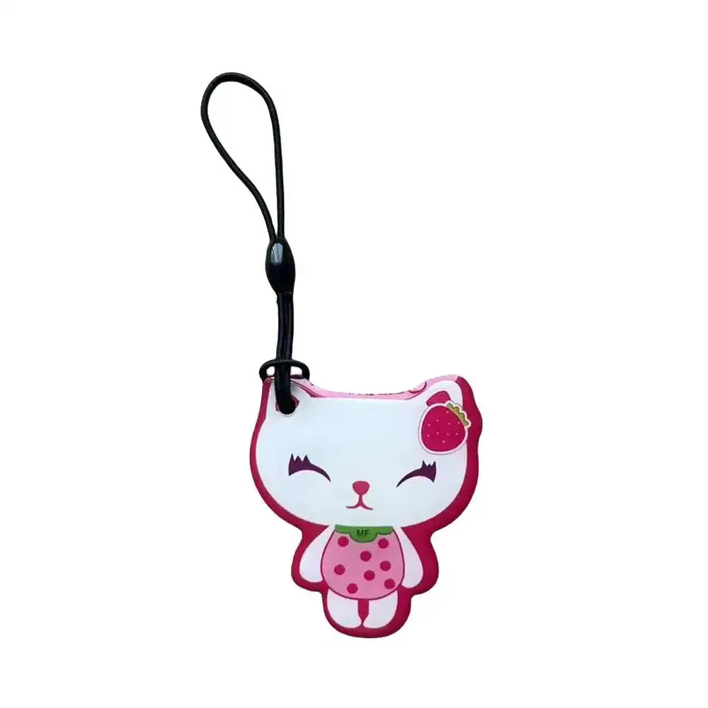 Cat-shaped RFID keyfob, pink and white with strawberry accent, waterproof key tag with strap