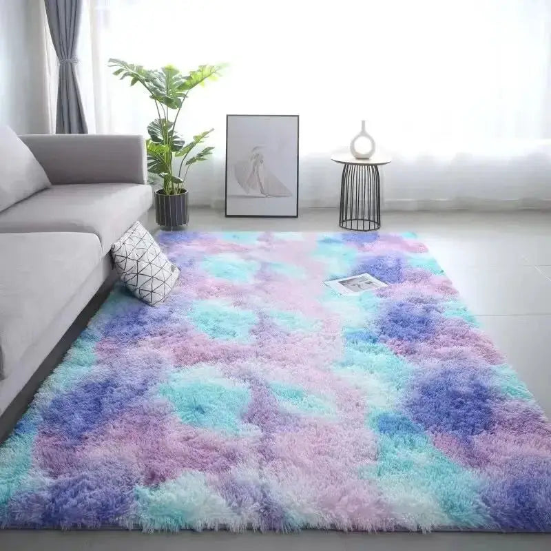 VIKAMA 1PC silk-wool rug, multicolor tie-dye shaggy mat for living room or kids' room; non-slip, washable