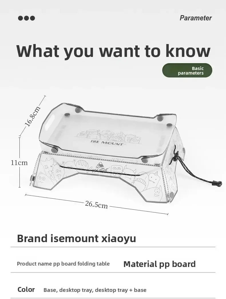 Folding mini camping table with clear PP tray; ISE MOUNT branding visible, 26.5 cm long