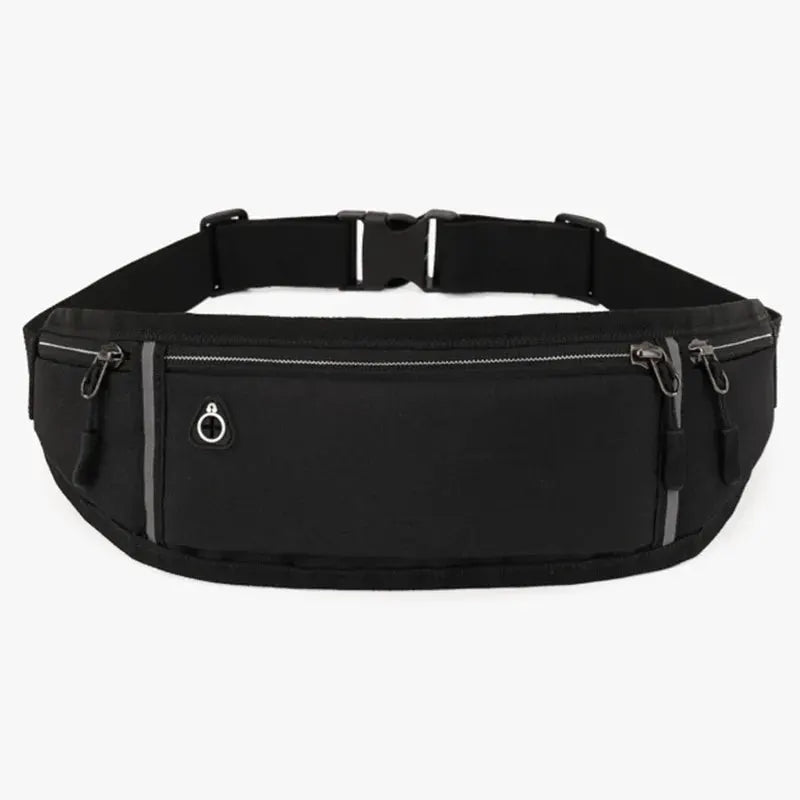 Simples Market waist pack fanny belt in black; waterproof, lightweight running pouch with multiple zip pockets.