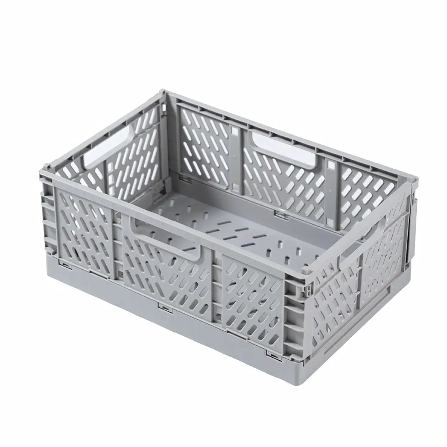 1-piece gray plastic foldable storage crate with vented sides and handles; portable and stackable.
