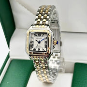 Two-tone stainless steel ladies watch with gold and silver bracelet, rectangular face, Roman numerals, quartz movement