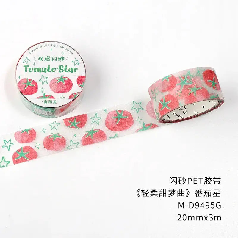 Simples Market decorative PET tape with Tomato Star pattern, red tomatoes and green stars, 20mm x 3m.