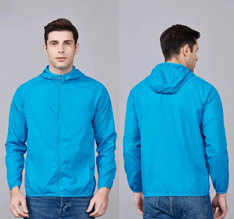 LNGXO waterproof hiking jacket, blue hooded windbreaker with full zip for unisex outdoor wear