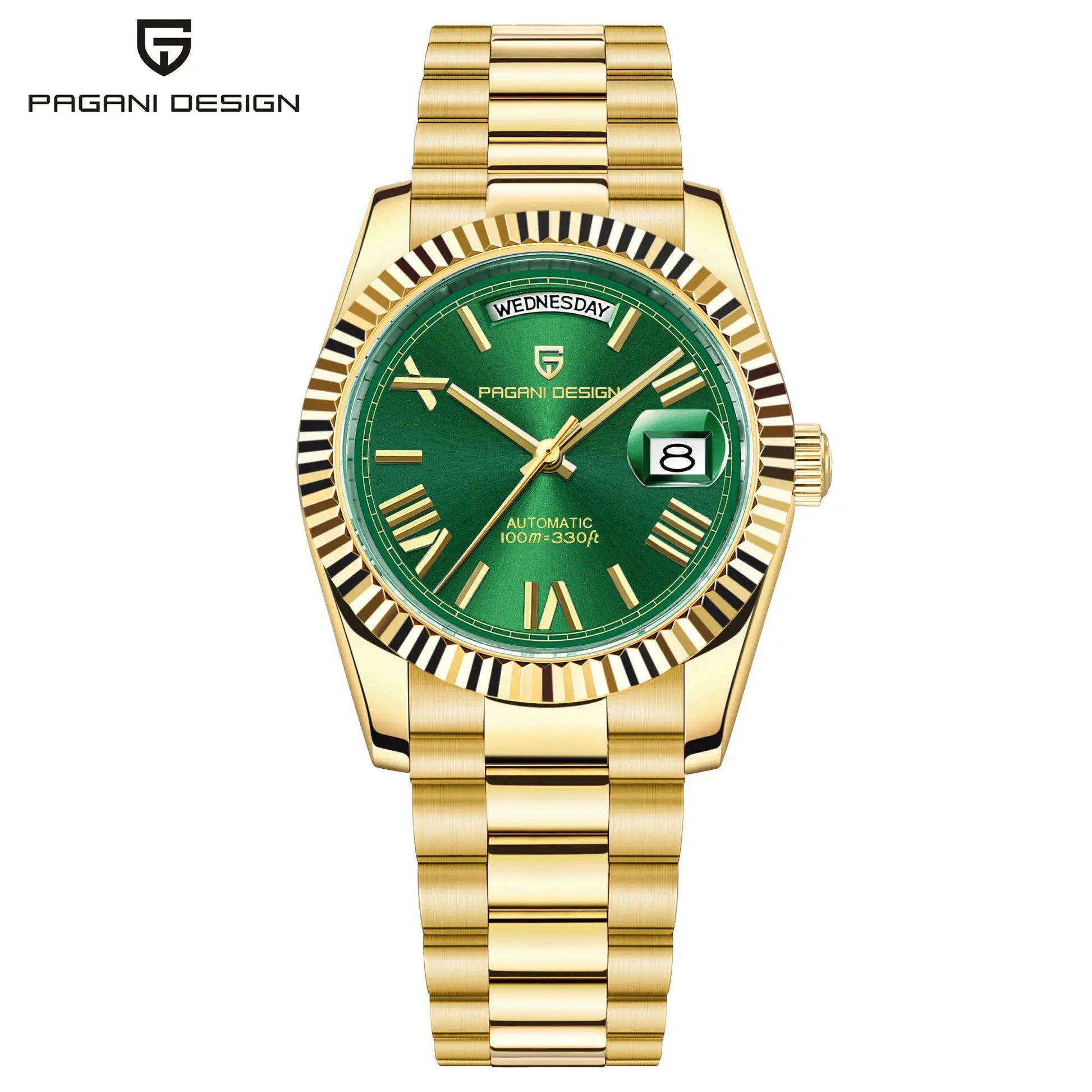 Pagani Design DD36 gold-tone men's watch with green dial and date window