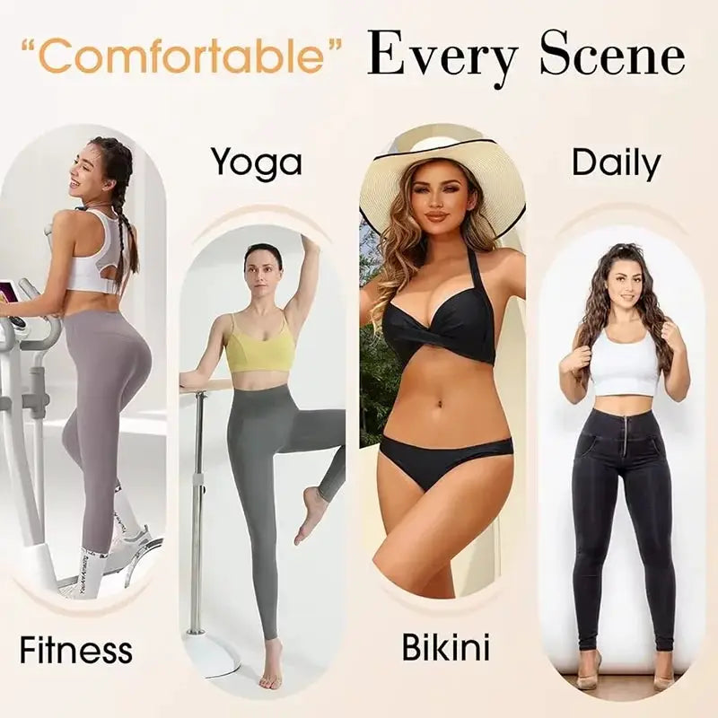 Simples Market lifestyle collage of athletic outfits for fitness, yoga, bikini and daily wear.