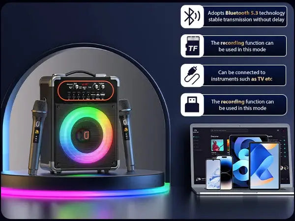 S68 Kara Ok portable speaker from Simples Market with 2 wireless microphones and RGB LED ring