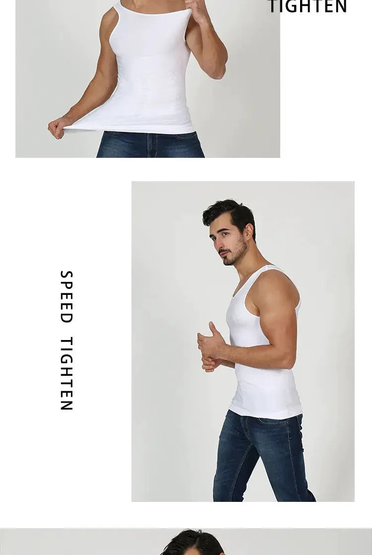 Men's white compression tank top by Simples Market, slimming body shaper vest with tight fit