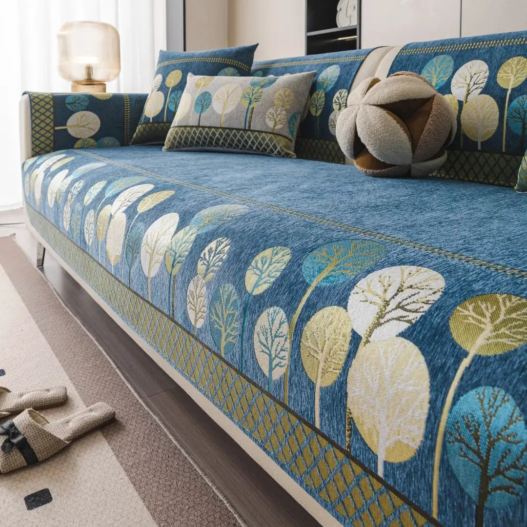 Boho Full Moon Tree Jacquard Chenille Sofa Cover by Simples Market in blue with leaf pattern for living room couch