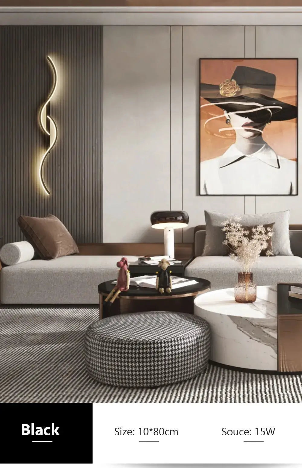 Modern black LED wall lamp with a long wavy strip design mounted on a dark panel in the living room.