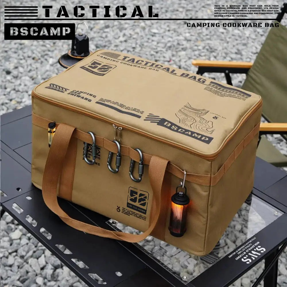 Tan insulated waterproof tactical camping bag with handles and hooks; 30L/42L/56L capacity for outdoor cookware and picnic storage