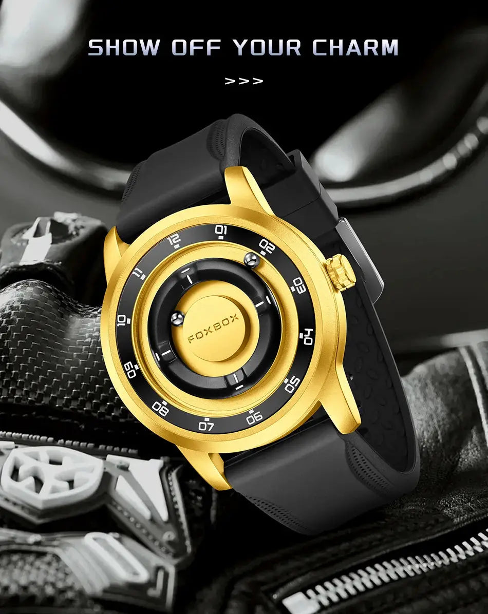 FOXBOX watch with gold-tone bezel and black silicone strap