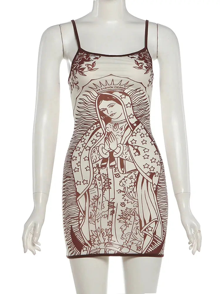 Nibber High Elasticity Art Print Sleeveless Bodycon Mini Dress Summer