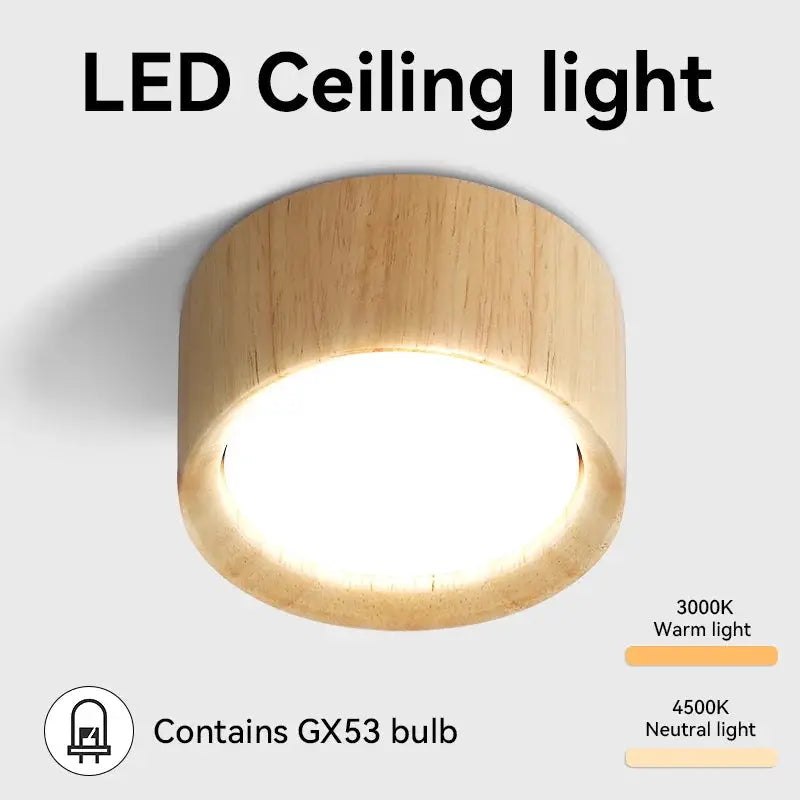 Wooden GX53 ceiling downlight LED lamp, 220V indoor light with warm 3000K and neutral 4500K options, bulb included.