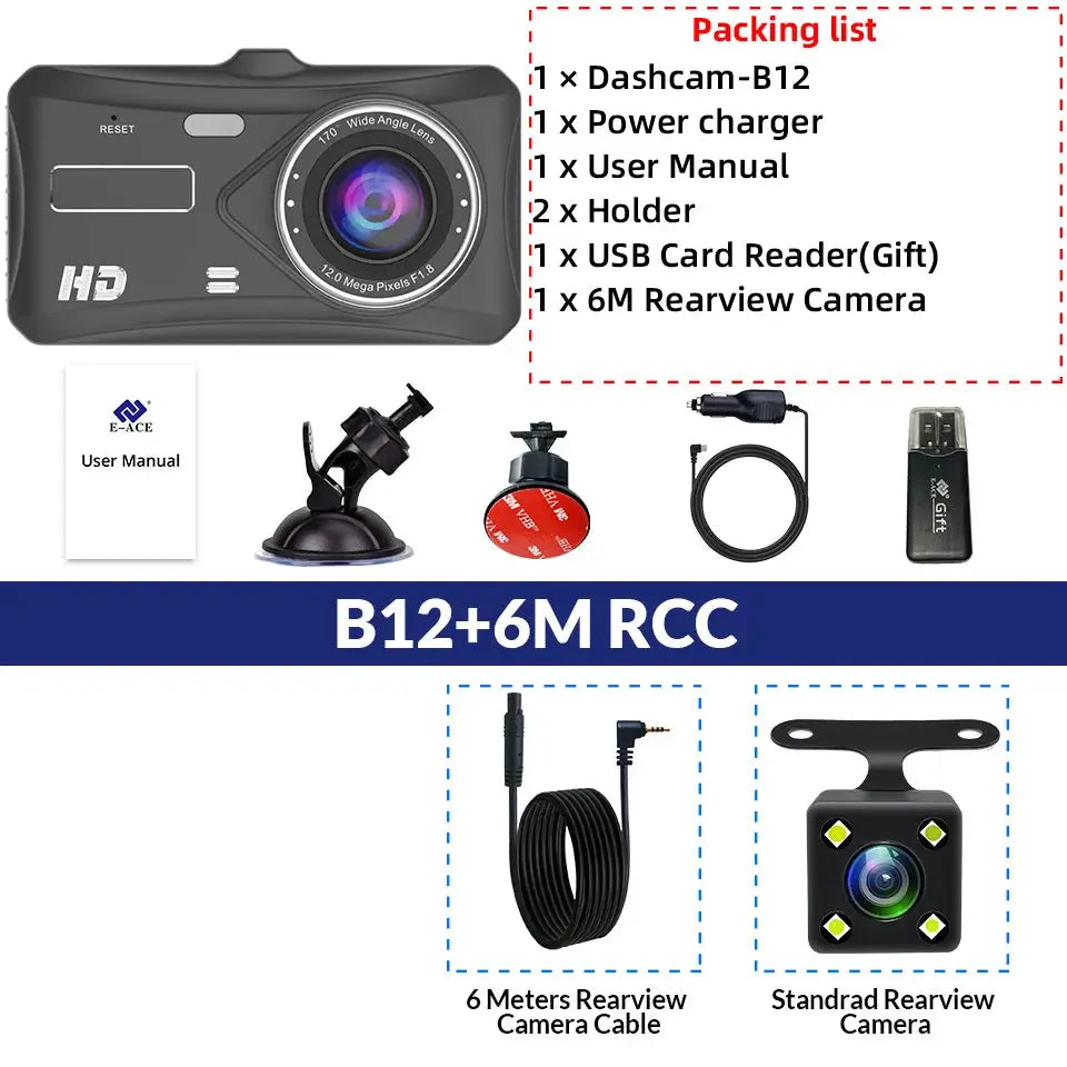 Dashcam B12 car DVR in black with 6m rearview cable and standard rearview camera by Simples Market