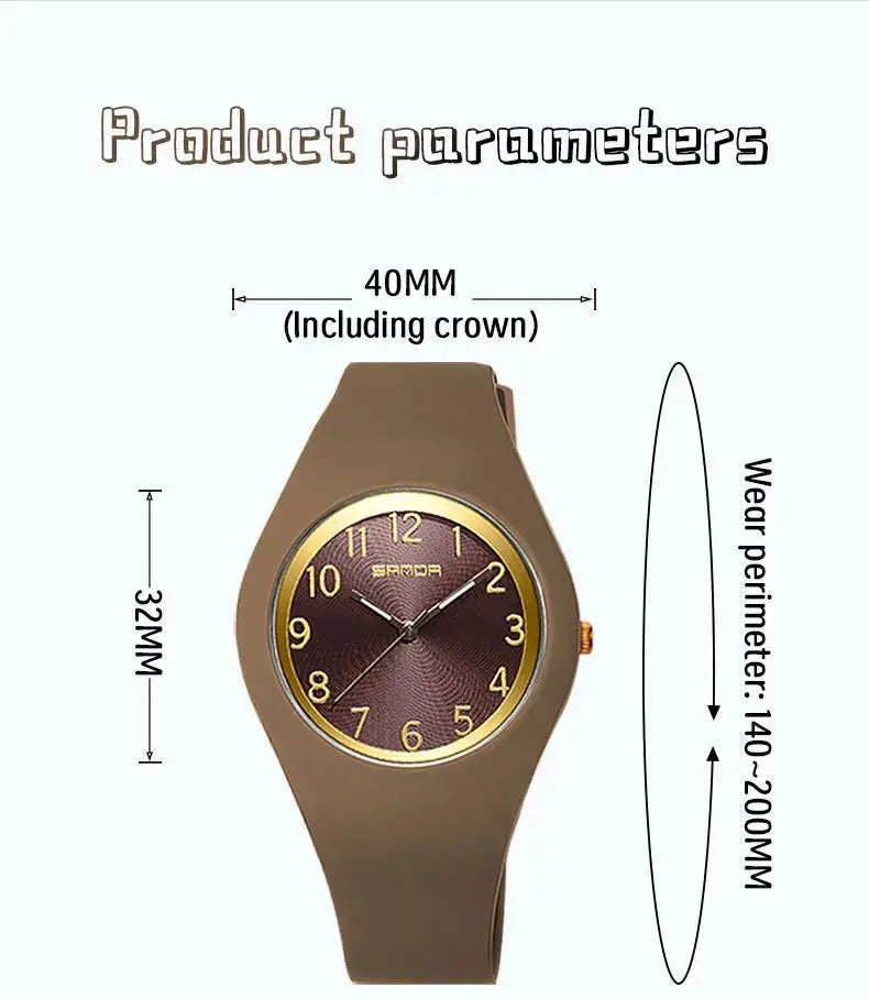 SANDA 6186 unisex brown silicone strap quartz wristwatch with gold-tone bezel and purple dial