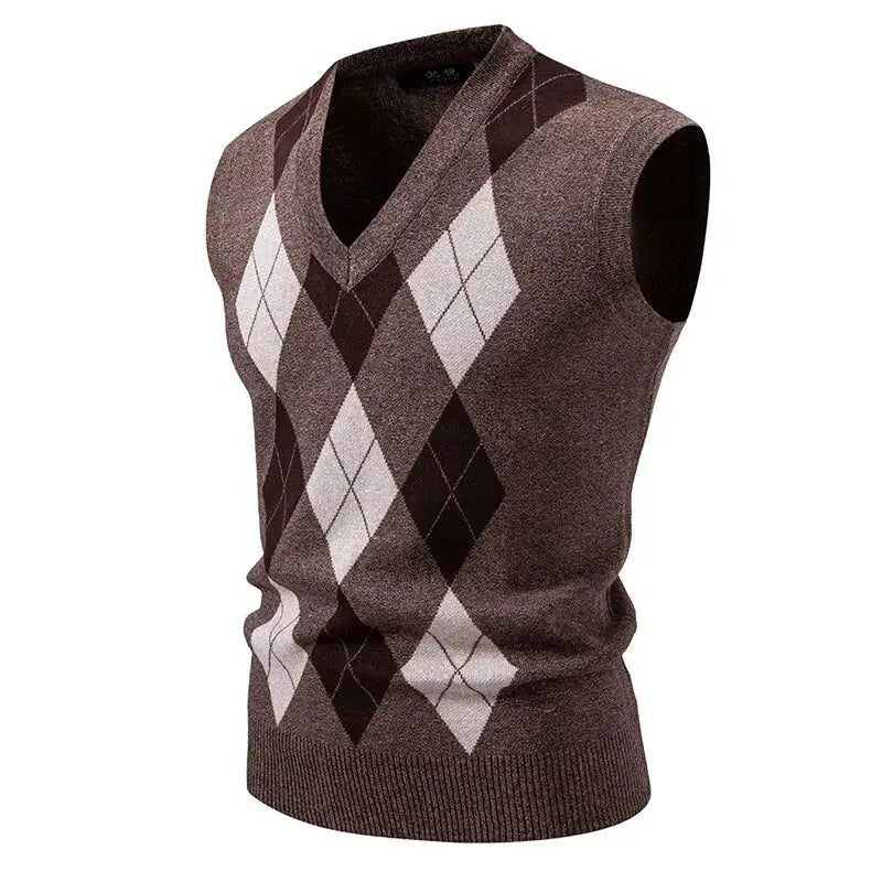 Men's argyle knit vest with V-neck, sleeveless in brown with white and dark diamond pattern