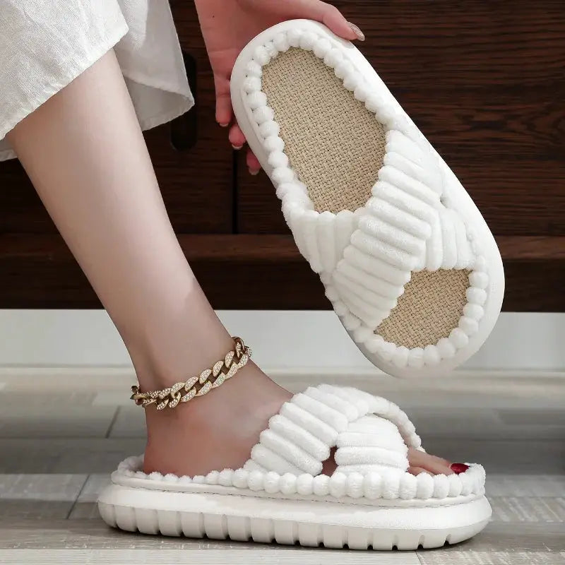 Simples Market white open-toe cross-band linen-soled indoor slippers with non-slip sole
