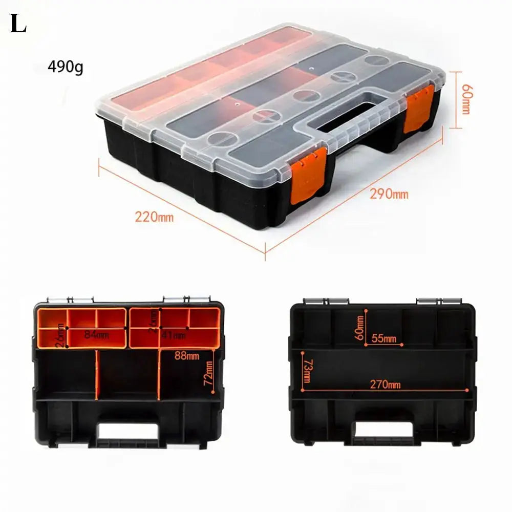 Multi-Grid Portable Plastic Parts Toolbox by Simples Market, black with orange latches and a clear lid