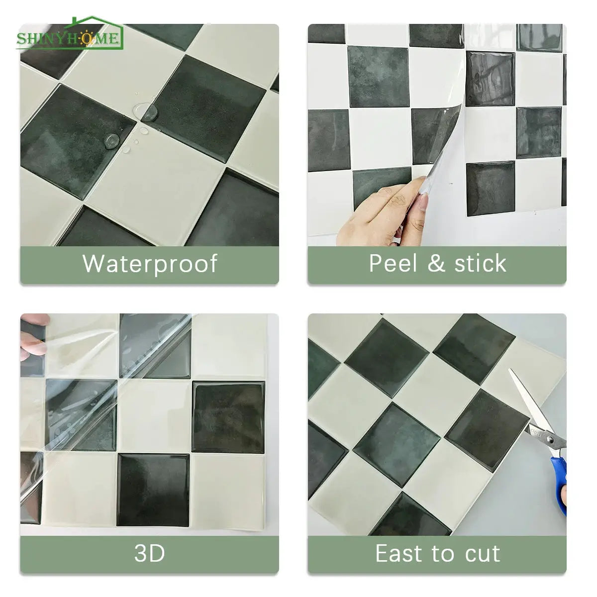 Simples Market self-adhesive mosaic wall tiles, 10.5 inch square, black and white checker, waterproof, peel & stick
