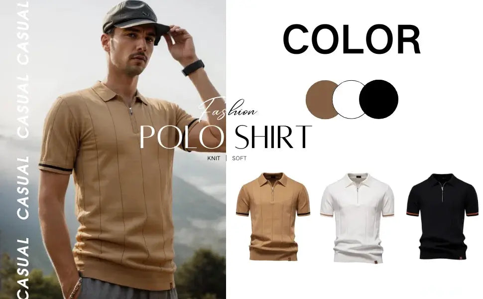 AIOPESON men's solid color sport zipper polo shirt; tan polo on model with white and black options, 4 shirts visible.