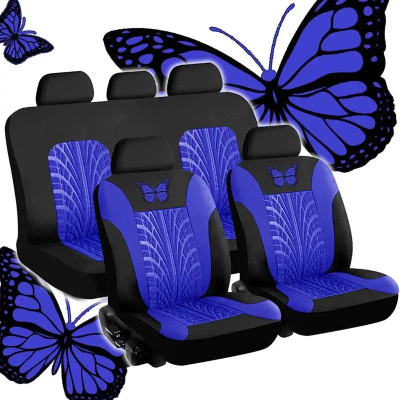 Car seat cover full set with blue butterfly embroidery, universal fit; front bucket seats and rear bench, Simples Market.