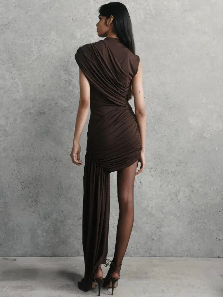 Mozision Irregular Draped Ruched Sexy Mini Dress With Turtleneck Sleeveless High Waist Pleated Club Party Look