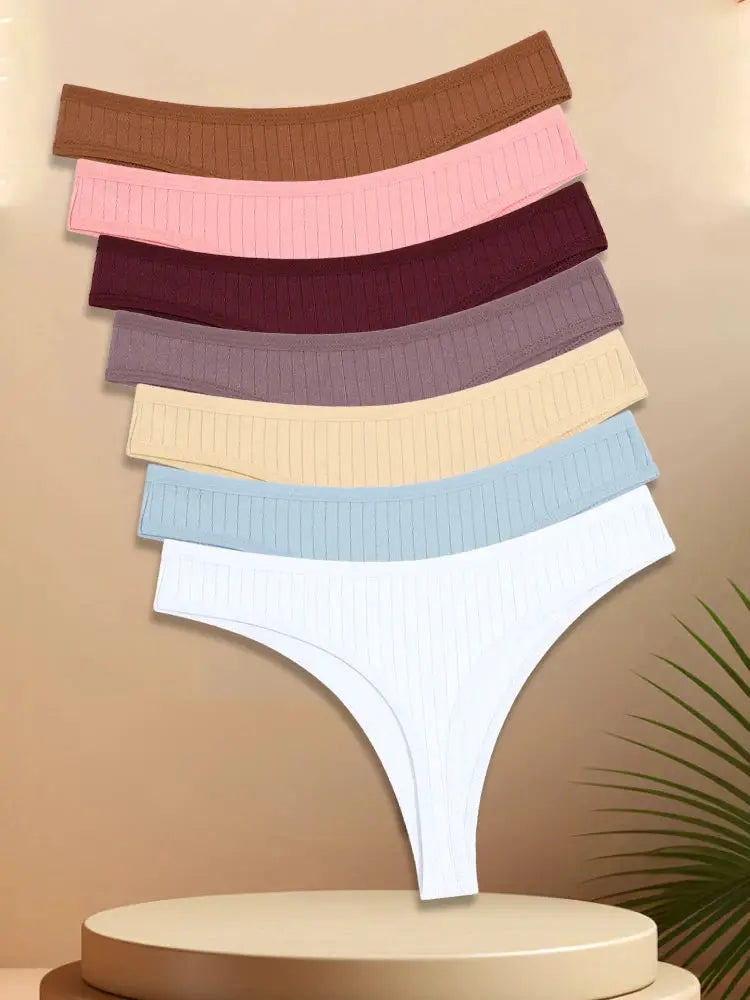 7-pack cotton striped women’s thongs, low-waist G-string, breathable fabric, assorted colors