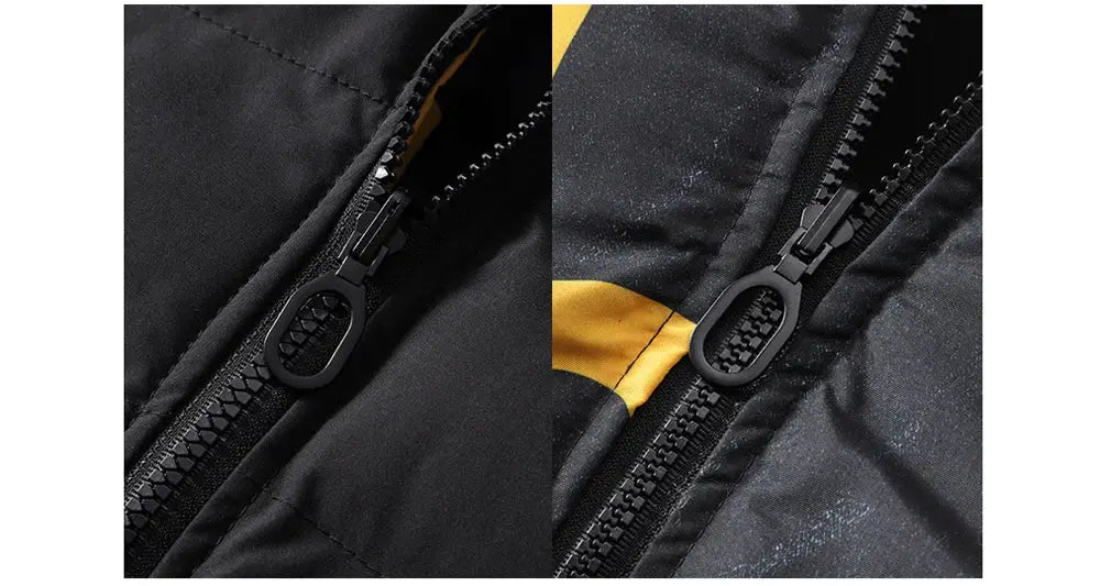 DIMUSI men's padded winter jacket with hood, black with yellow accent and heavy zipper detail