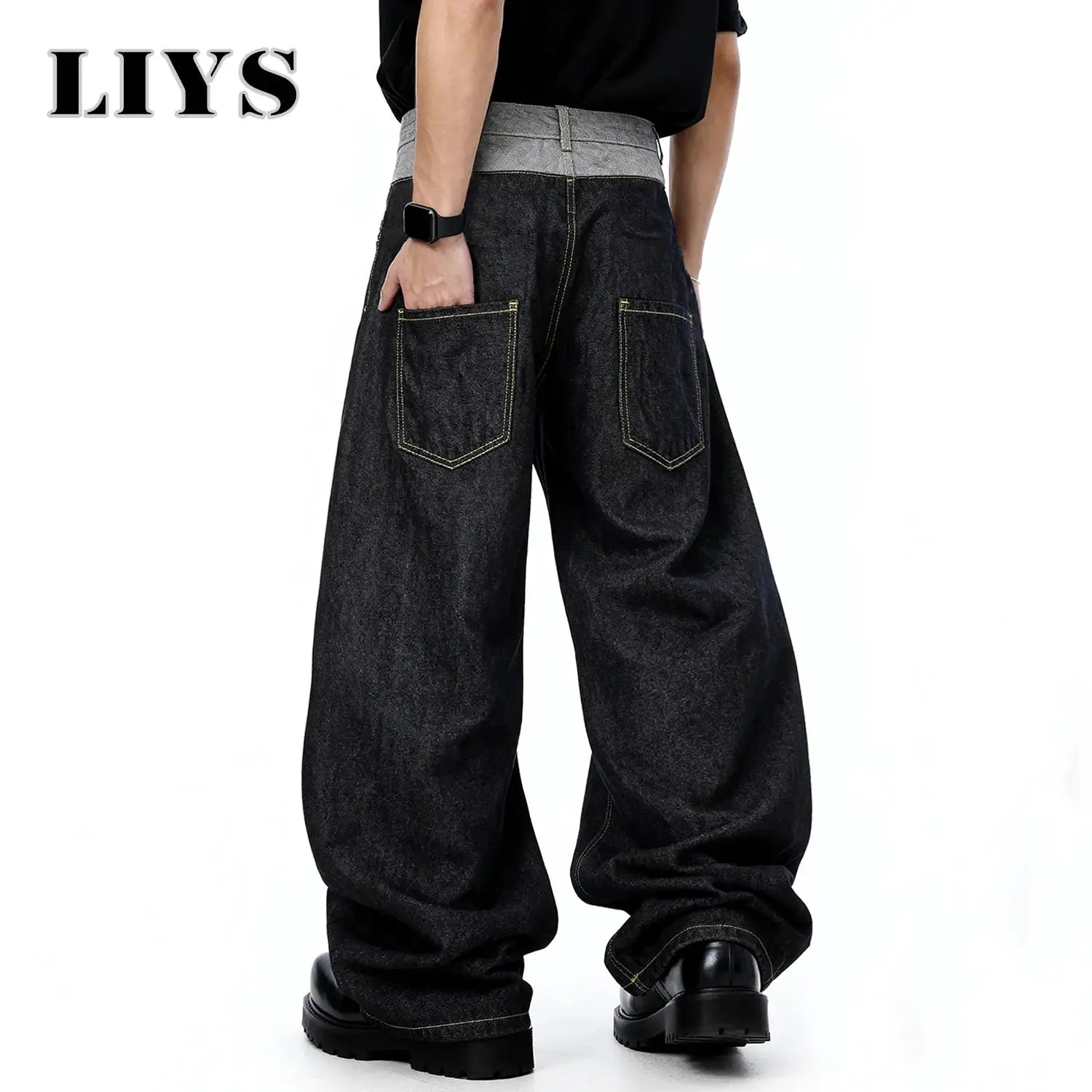LIYS men's retro baggy wide-leg denim jeans with grey waistband and contrast yellow stitching on back pockets
