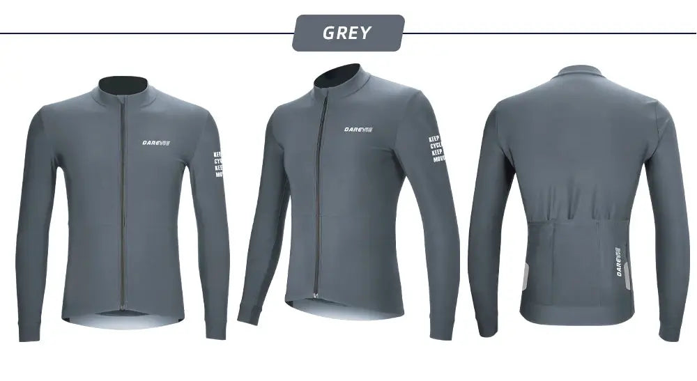 DAREV grey cycling jersey for men with long sleeves, winter thermal fleece, full-front zip, back pockets.