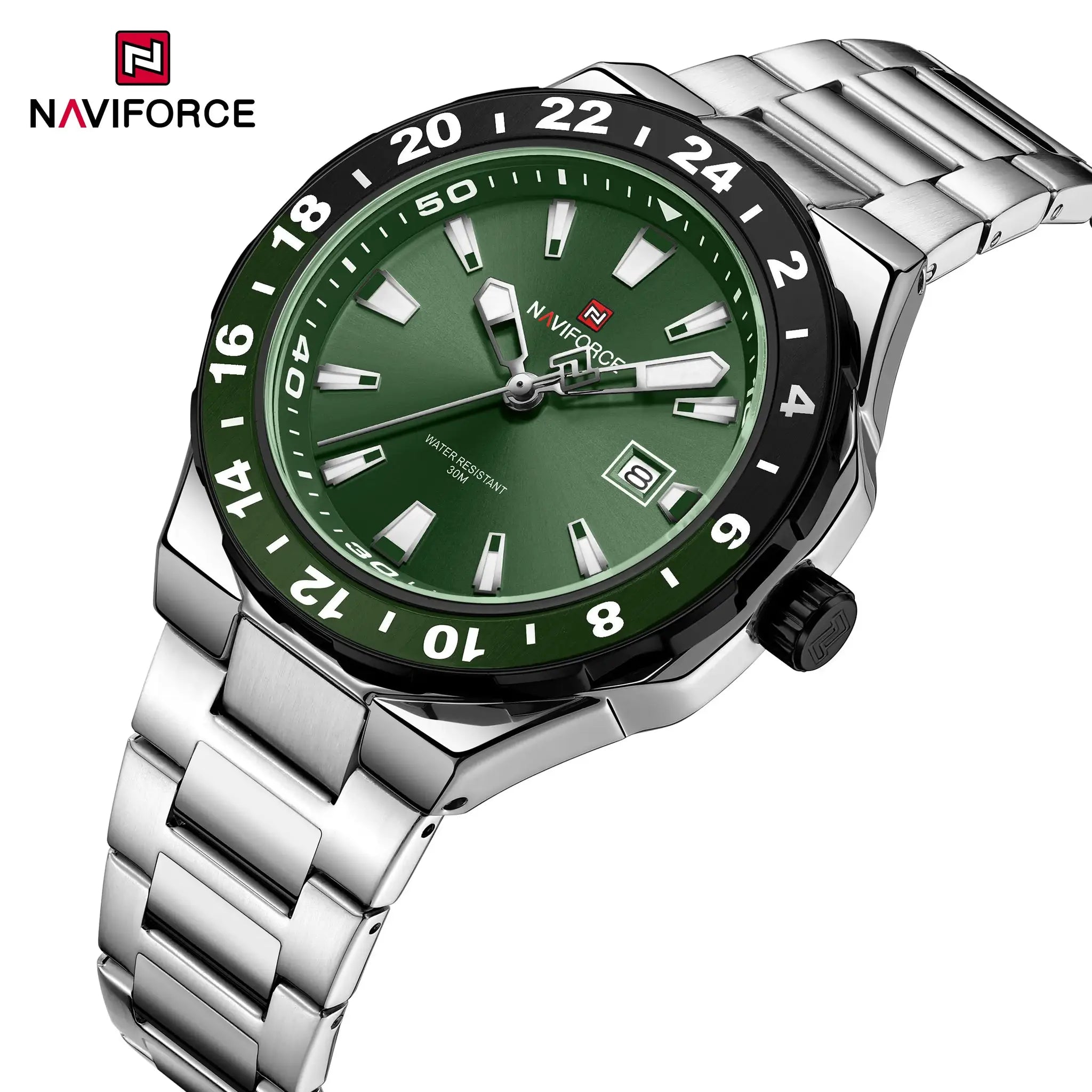 NAVIFORCE men's luxury stainless steel sport watch with green dial, luminous hands, date window, 30m water resistant