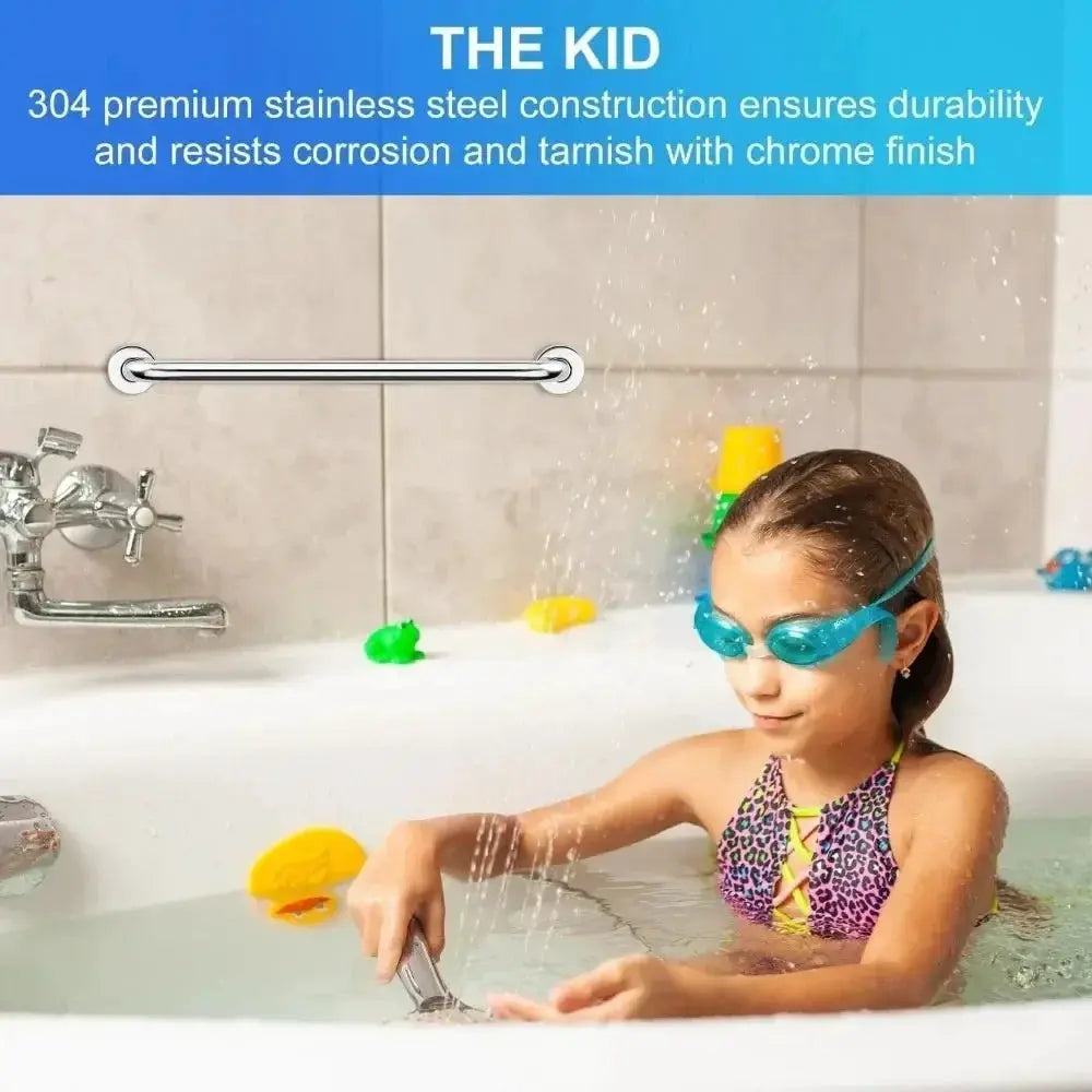 Shower safety grab bar, stainless steel with chrome finish, mounted on tiled bathroom wall, 30/40/50/60 cm