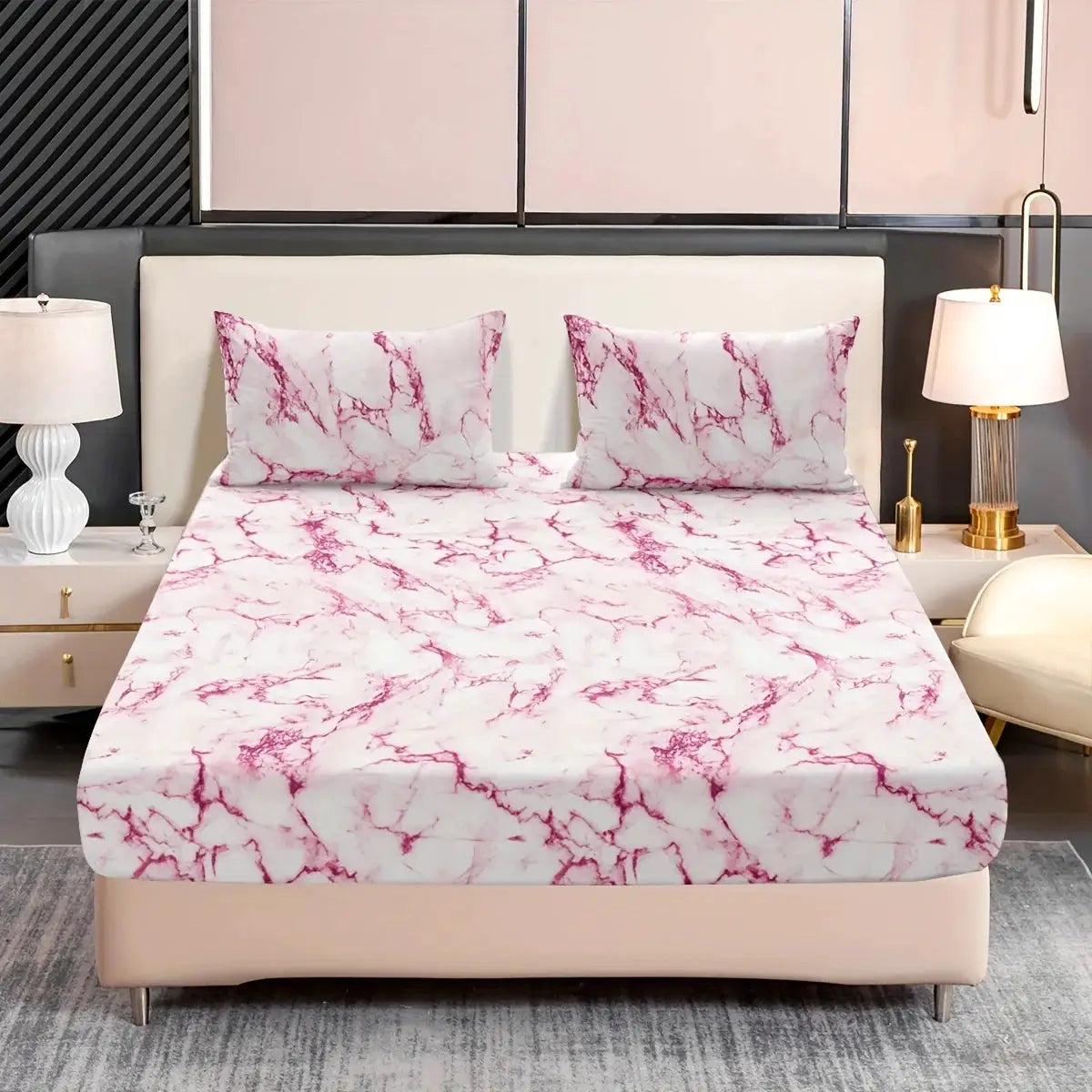 Simples Market 3-Piece Marble Print Fitted Sheet Set in pink marble on white; microfiber, hypoallergenic, ultra soft.