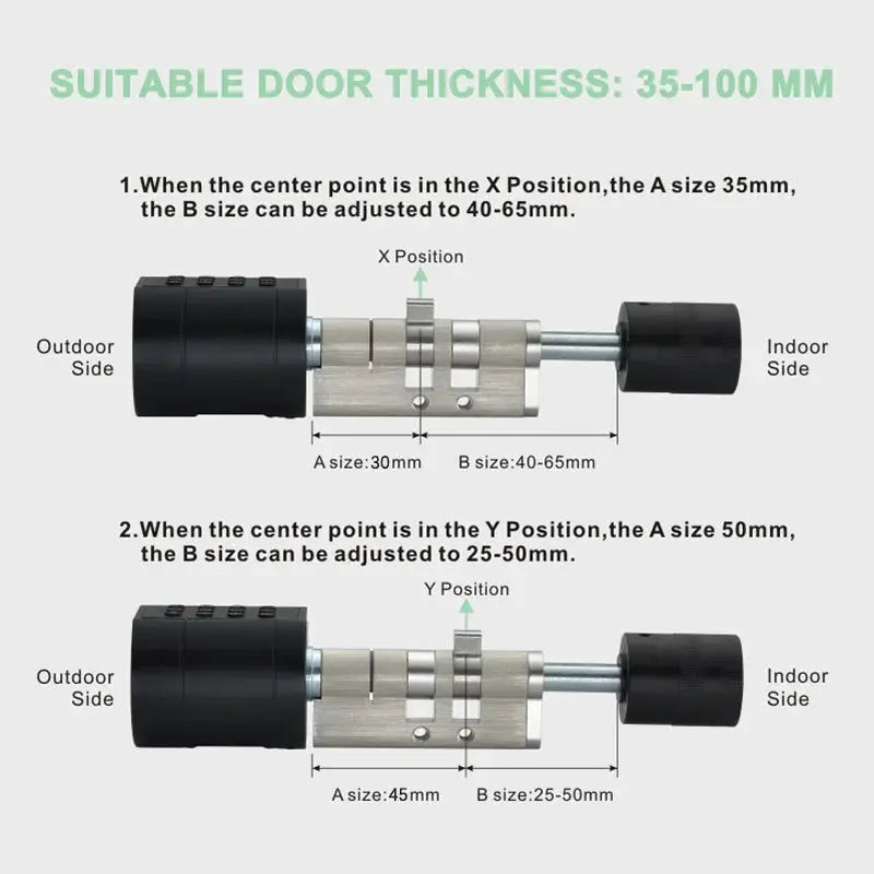 Simples Market Tuya APP fingerprint cylinder smart door lock with digital keypad; adjustable for 35–100 mm door thickness