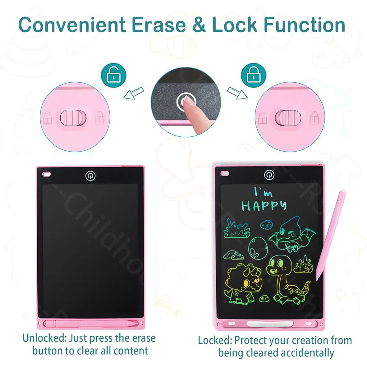 Two pink 8.5-inch LCD writing tablets for kids with erase/lock buttons and a stylus