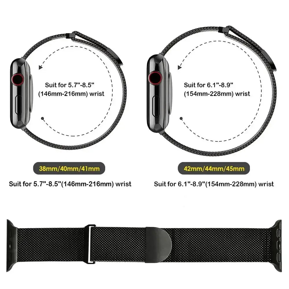 Simples Market metal Milanese Apple Watch strap, black magnetic mesh; fits 38/40/41mm and 42/44/45mm cases