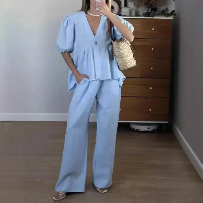 Women Two Piece Set Solid Color V Neck Short Sleeve Top And Long Pants