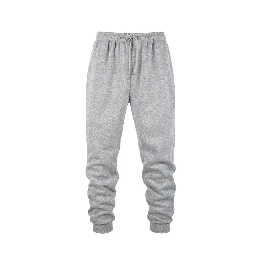 Men's grey fleece sweatpants with drawstring waist and cuffed ankles