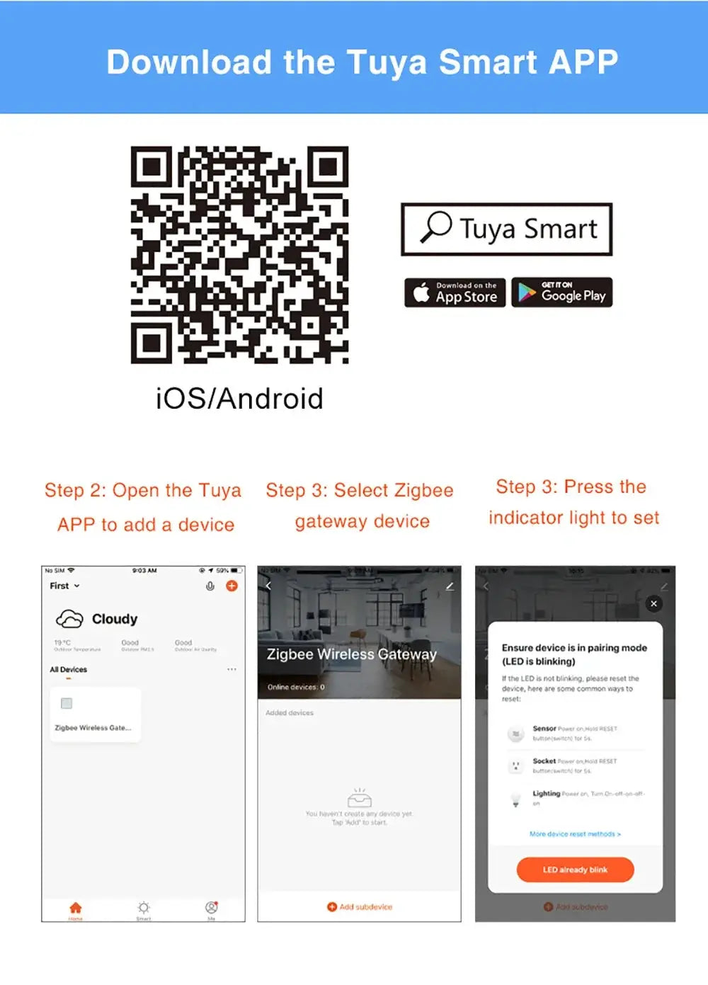 Water leakage sensor by Simples Market with Tuya Zigbee connectivity, shown with a QR code and Tuya Smart app icons.
