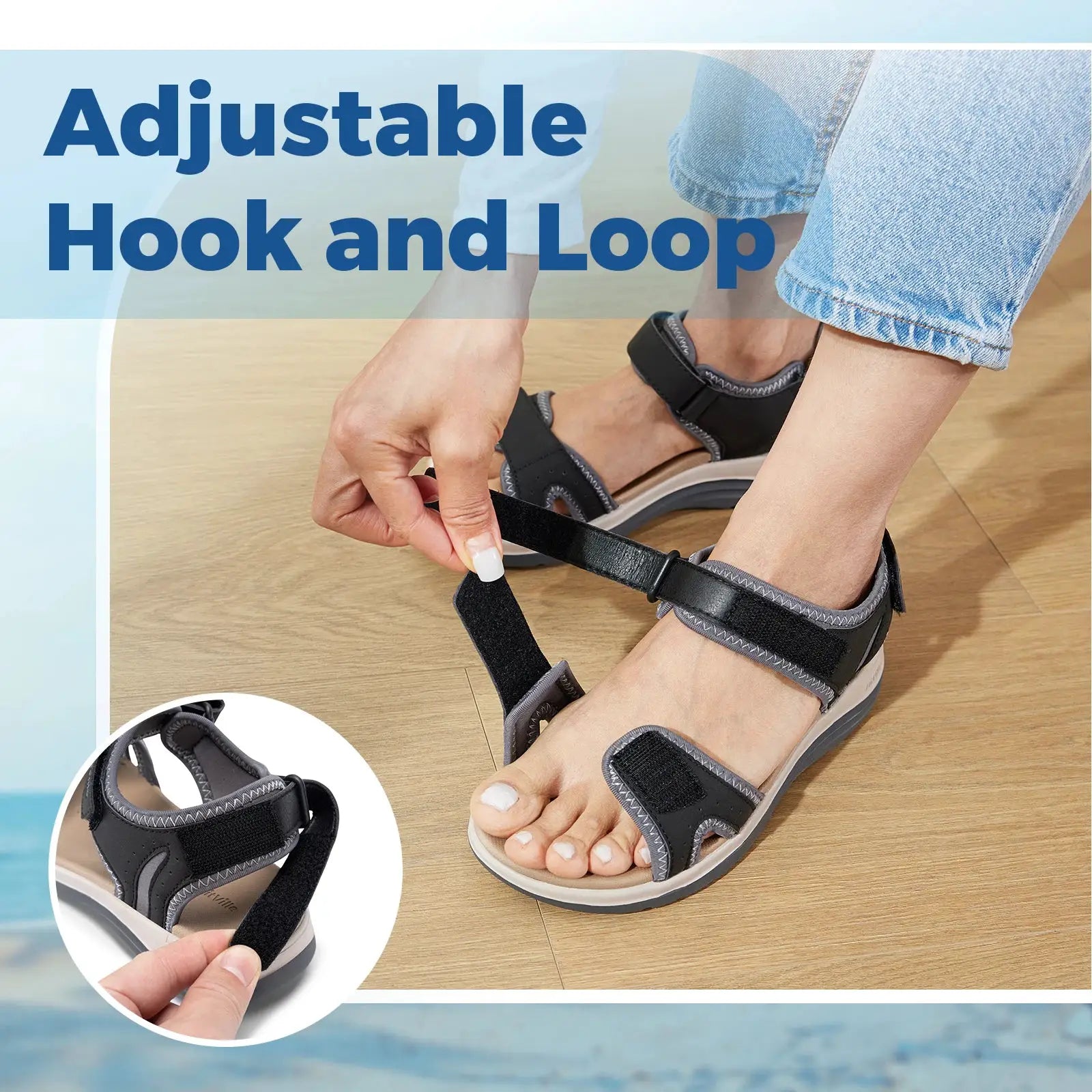 FitVille women's sandals with adjustable hook-and-loop ankle strap; open-toe orthopedic sandals, black