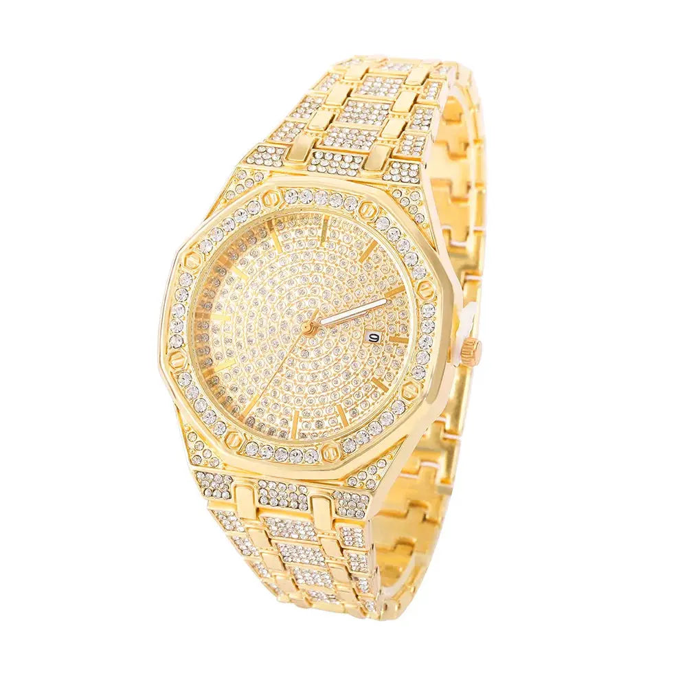 HypeLux Iced Out Mens Gold Watch With 18K Gold Nano Vacuum Plated Finish And Quartz Movement