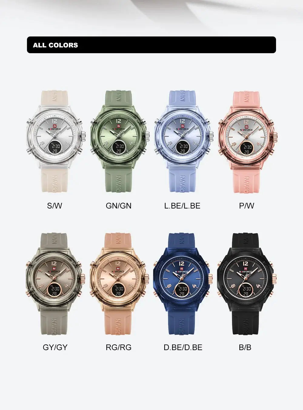 NAVIFORCE women's outdoor sport watches in 8 colorways with rubber straps, dual time display and digital subdial