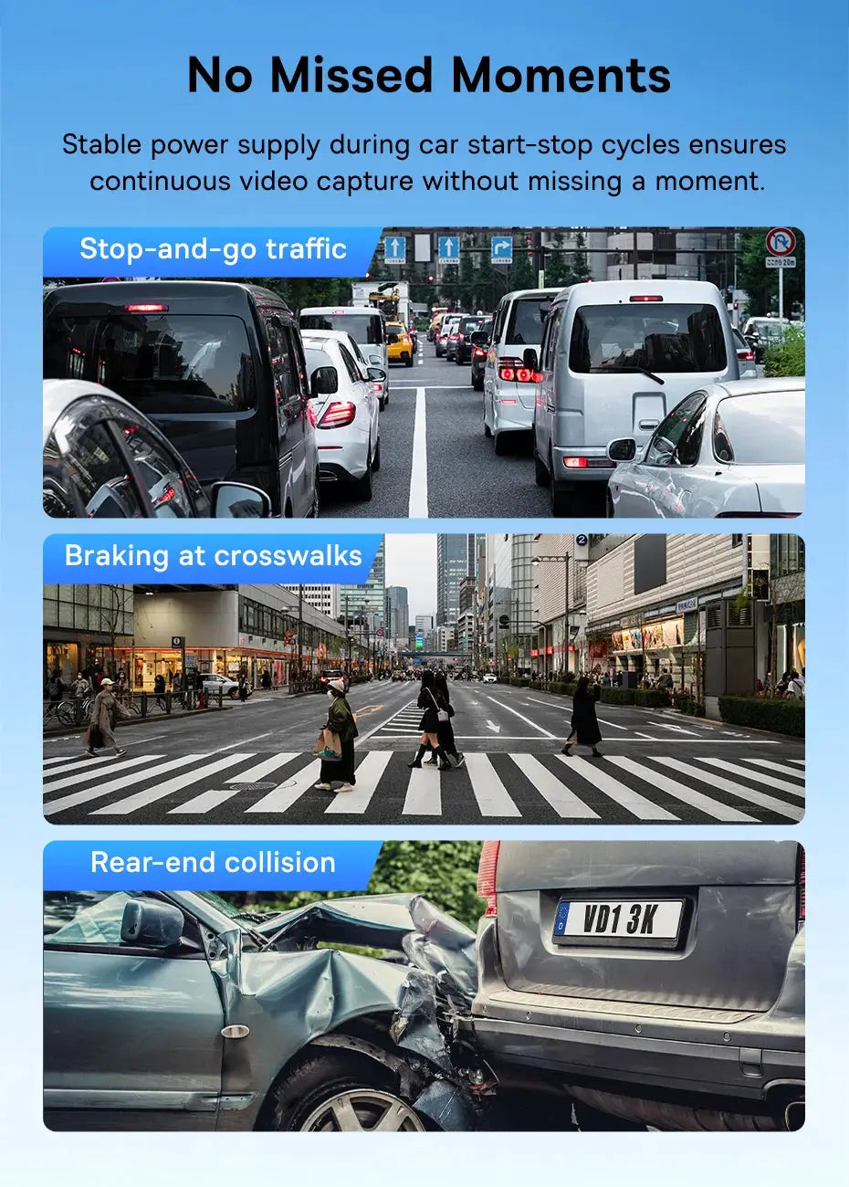 Baseus 4K dash cam VD1 Pro front/rear car camera ad with stop-and-go traffic, crosswalk braking, rear collision