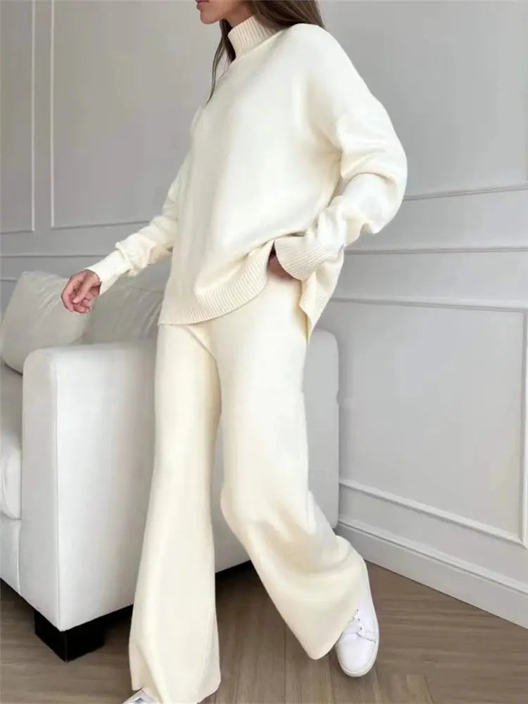 CozyNest Autumn Winter Two Piece Knitted Tracksuit Set With Turtleneck Sweater And Wide Leg Joggers For Women