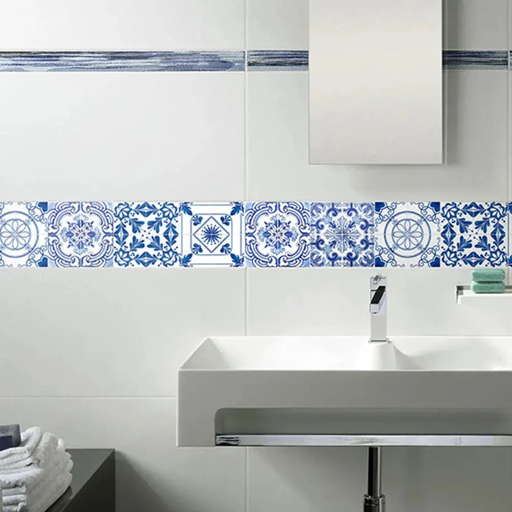 Self-adhesive bathroom wall border strip with blue and white tile pattern, waterproof peel‑and‑stick decor
