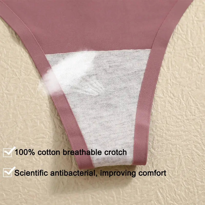 3-piece pink G-string underwear set, seamless low-waist thong with 100% cotton breathable crotch.