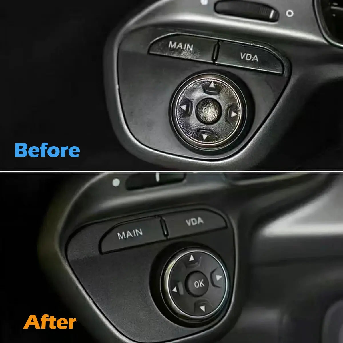 Sticky Button Cleaning Refurbishment Kit for car controls; black plastic rotary dial, before/after comparison