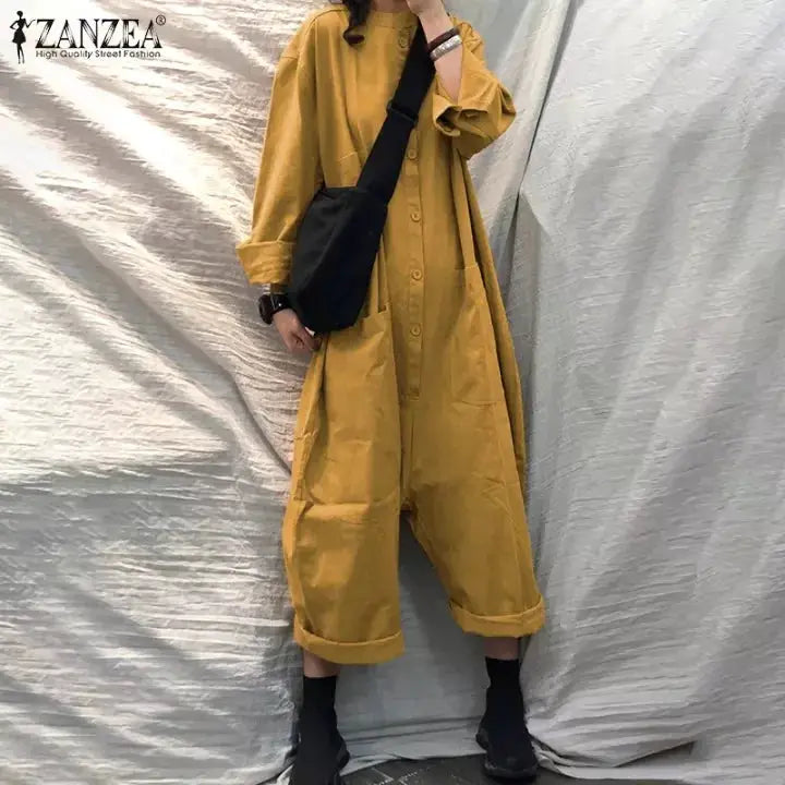 Mustard yellow jumpsuit with pockets, long sleeves, rolled cuffs, button-down front; Simples Market, ZANZEA.
