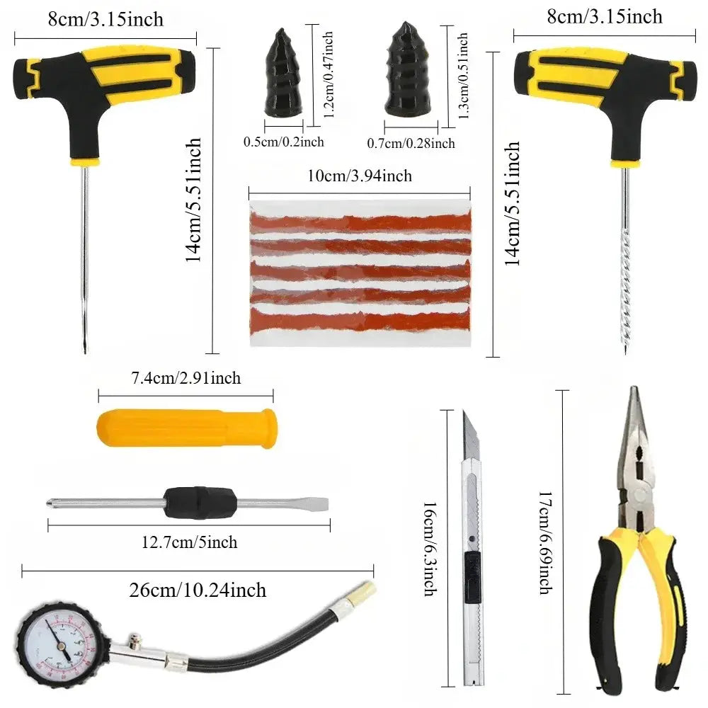 Emergency Tire Repair Kit by Simples Market; yellow/black hand tools with repair strips and gauge (2 T-handle tools)
